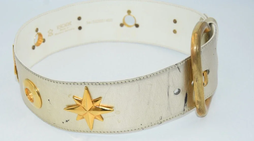 34Vintage Escada Champagne Metallic Gold Star Charm Leather Waist Belt 34
